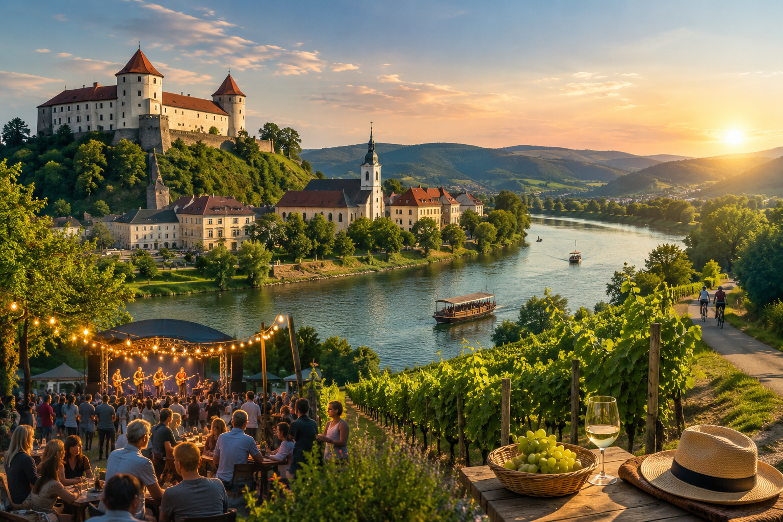 Panoramski pogled na Posavje z gradom nad reko, vinogradi, koncertom na prostem, turistično ladjico in večernim sončnim zahodom.