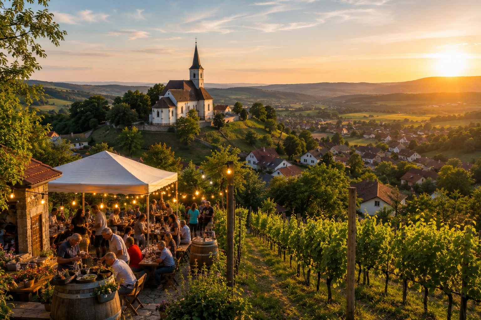 Pogled na Škocjan ob sončnem zahodu z značilno cerkvijo na griču, vinogradi, druženjem na vinski terasi in slikovito dolenjsko pokrajino.