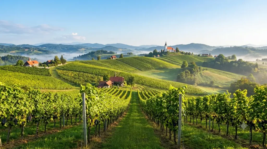 Pogled na valovite jesenske vinograde z jutranjo meglo v dolini in cerkvico na hribu v osrednji Sloveniji.