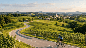 Kolesar na asfaltirani cesti med dolenjskimi griči in vinogradi v okolici Škocjana.