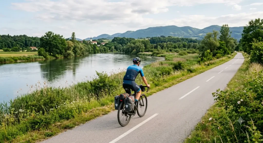 Kolesar na urejeni ravninski kolesarski poti ob reki Savi v okolici Dobove s pogledom na zeleno naravo in hribe v ozadju.