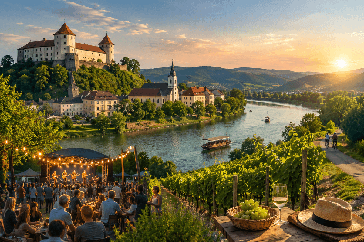 Panoramski pogled na Posavje z gradom nad reko, vinogradi, koncertom na prostem, turistično ladjico in večernim sončnim zahodom.
