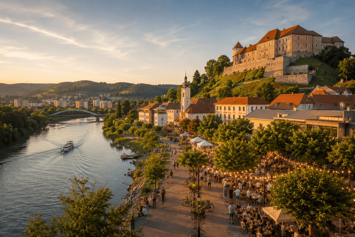 Panoramski pogled na Krško ob reki Savi z gradom nad mestom, mestnim jedrom, sprehajališčem, turistično ladjico in večernim dogajanjem na prostem.