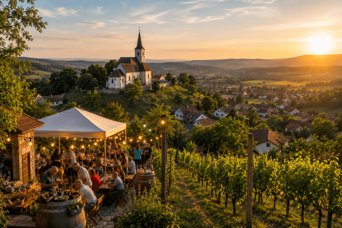Pogled na Škocjan ob sončnem zahodu z značilno cerkvijo na griču, vinogradi, druženjem na vinski terasi in slikovito dolenjsko pokrajino.