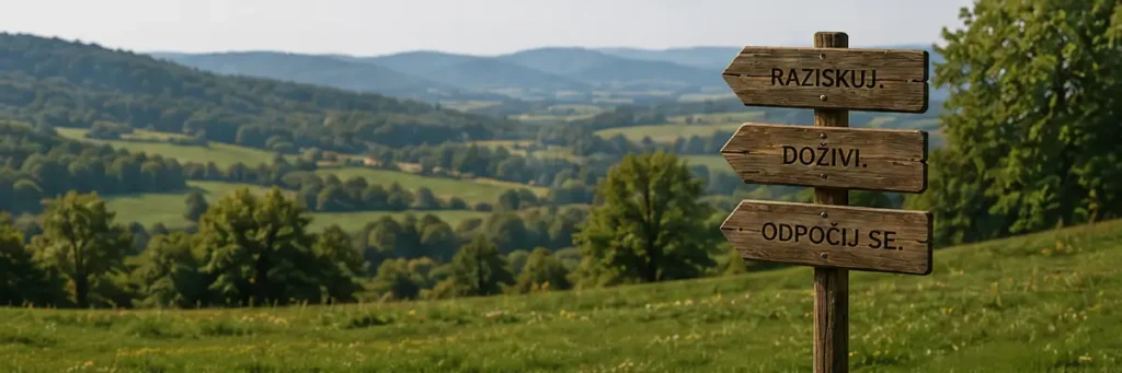 Lesen smerokaz z napisi »Raziskuj«, »Doživi« in »Odpočij se« s pogledom na zeleno dolenjsko pokrajino v okolici Škocjana.