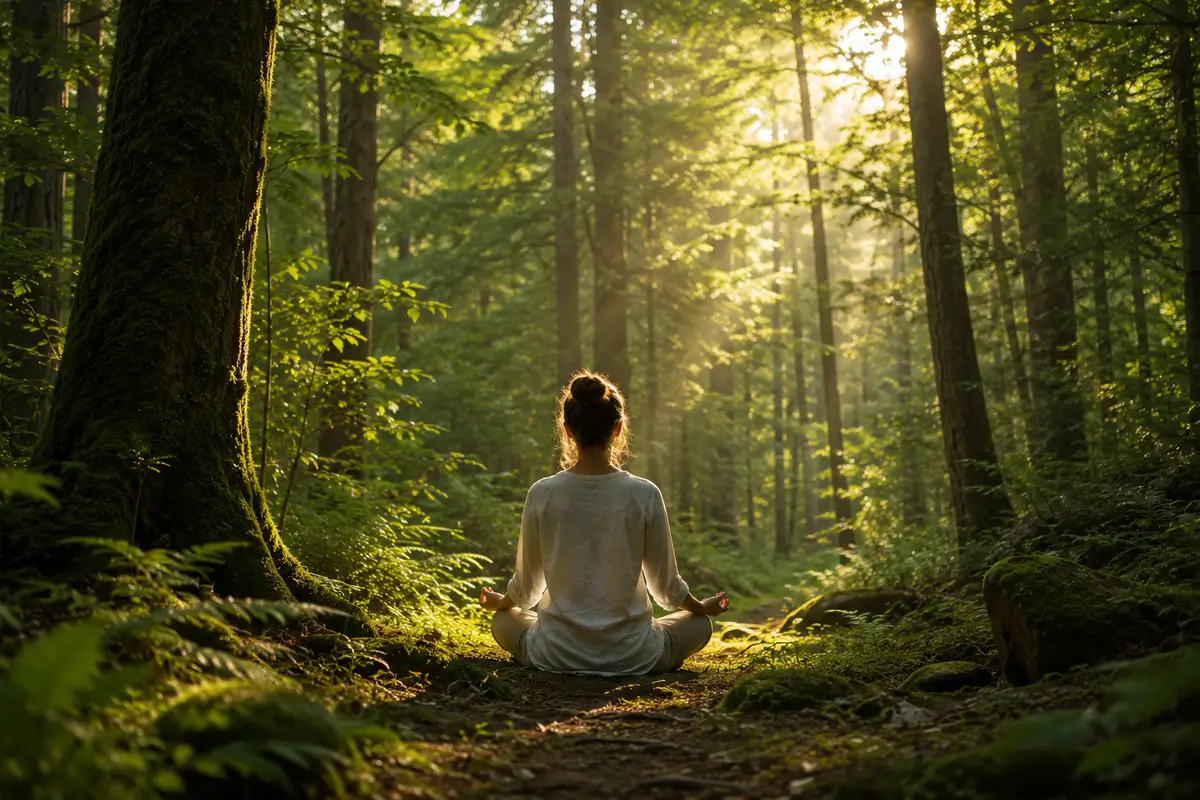 Oseba meditira v mirnem gozdu med visokimi drevesi na Stopnem, kjer narava omogoča sproščanje telesa in duha.